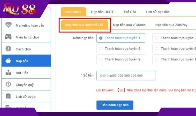 Cách Nạp Tiền Mu88 Hiệu Quả Cho Cược Thủ: Bí Quyết Từ Cao Thủ 2 Giao diện nạp tiền Mu88